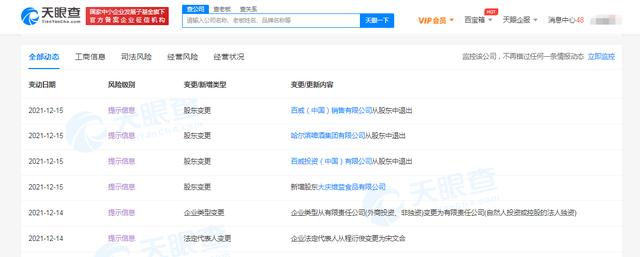 百威退出百威大庆啤酒公司股东